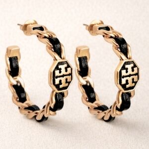 🔥Tory Burch Marion Black Woven Hoop Earrings ~ NWOT